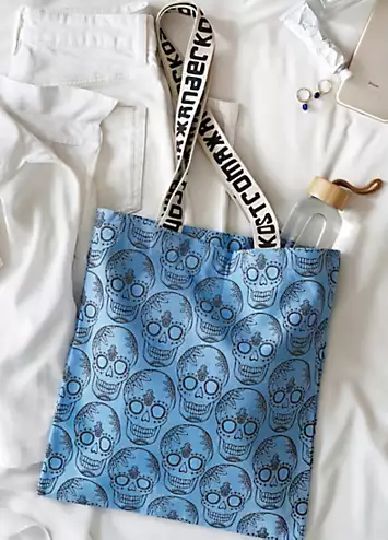 100% Cotton Canvas Cashmere Blue Skull Print Tote Bag by Xander Kostroma | Look Again