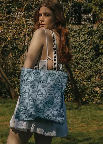 100% Cotton Canvas Cashmere Blue Skull Print Tote Bag by Xander Kostroma | Look Again