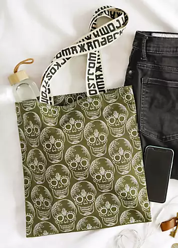 100% Cotton Canvas Olive Green Skull Print Tote Bag by Xander Kostroma | Look Again