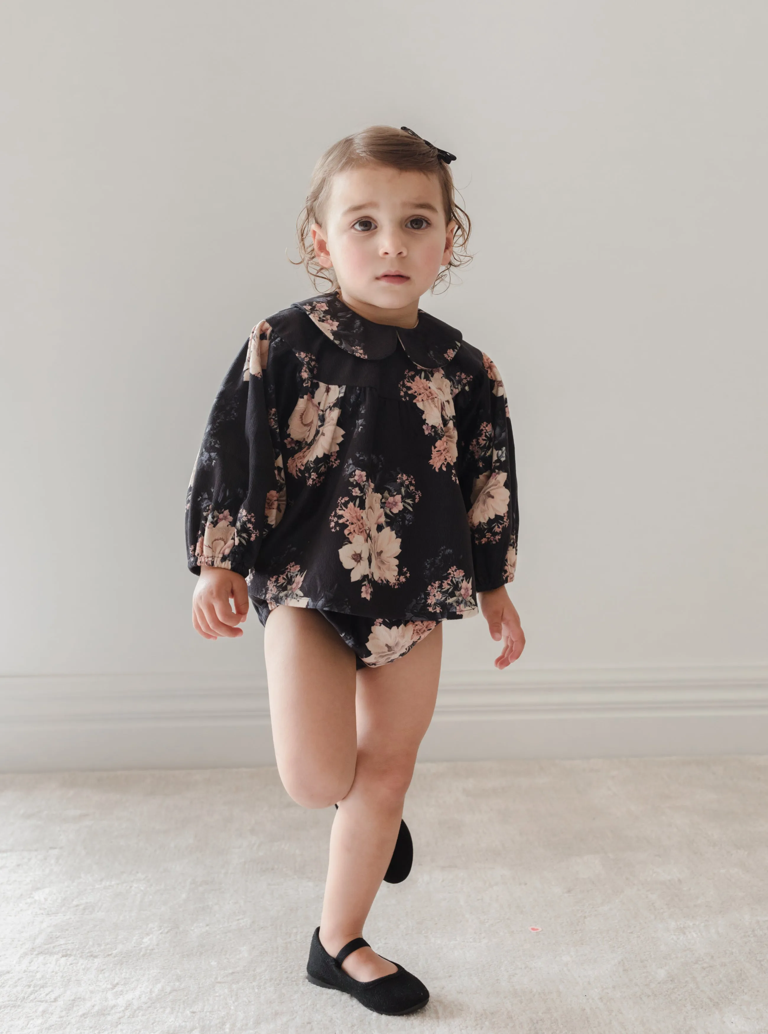 9013E-BEBE Cord Blouse/Bloomer SET-Black Bouquet Print