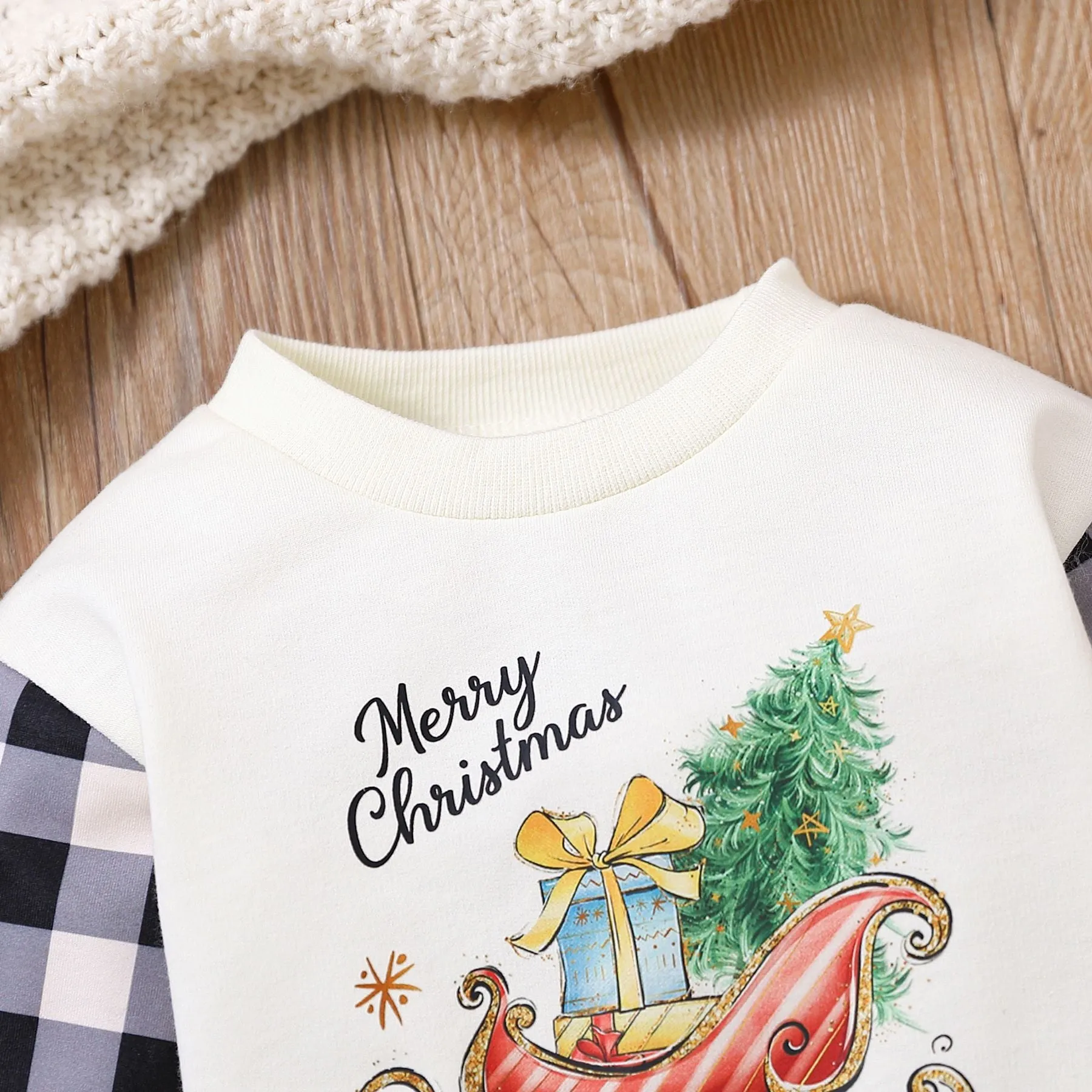 Baby Kid Girls Letters Checked Cartoon Print Christmas Rompers Wholesale 23102408