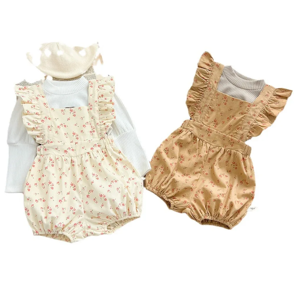 Baby Kid Girls Solid Color Flower Print Tops And Rompers Wholesale 240301123