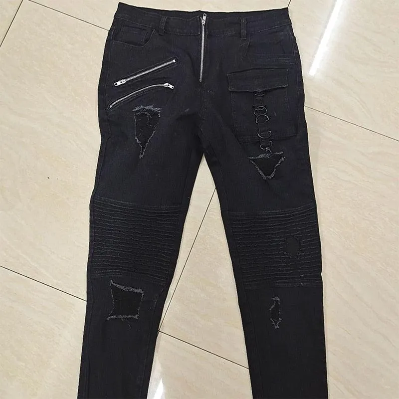 Black Goth Straight Skinny Jeans - Slim Fit Punk Denim Pants