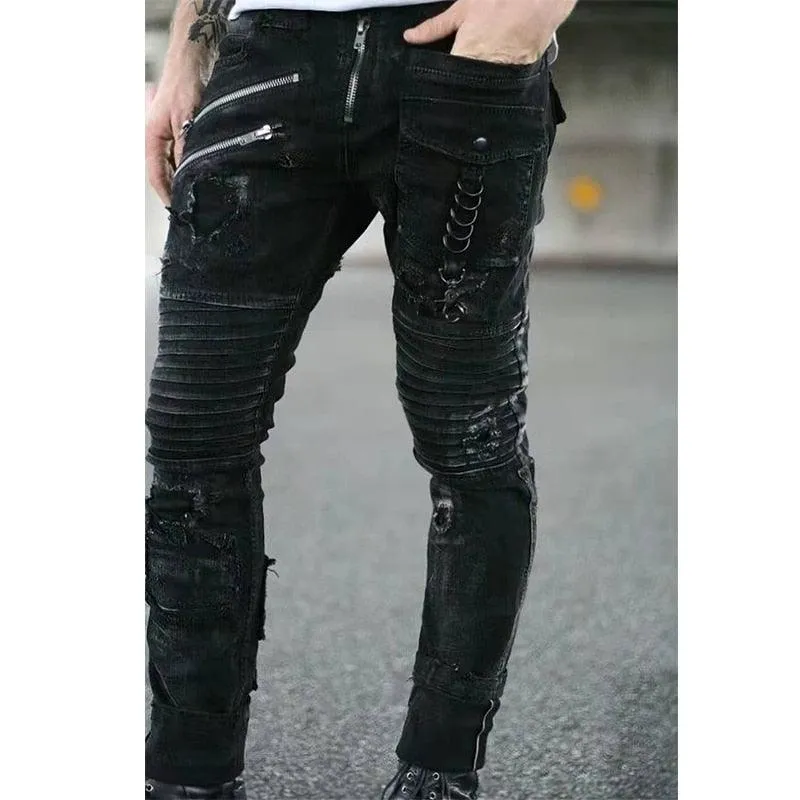 Black Goth Straight Skinny Jeans - Slim Fit Punk Denim Pants