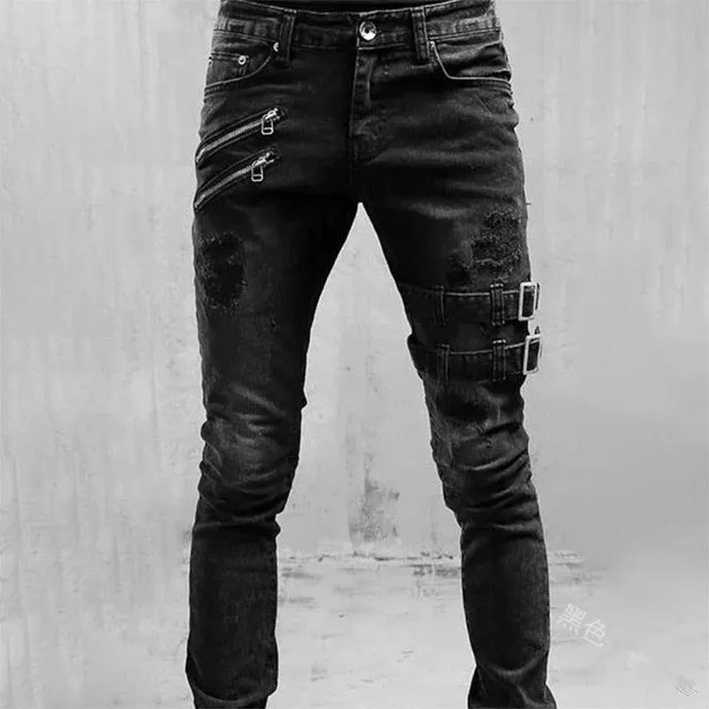 Black Goth Straight Skinny Jeans - Slim Fit Punk Denim Pants