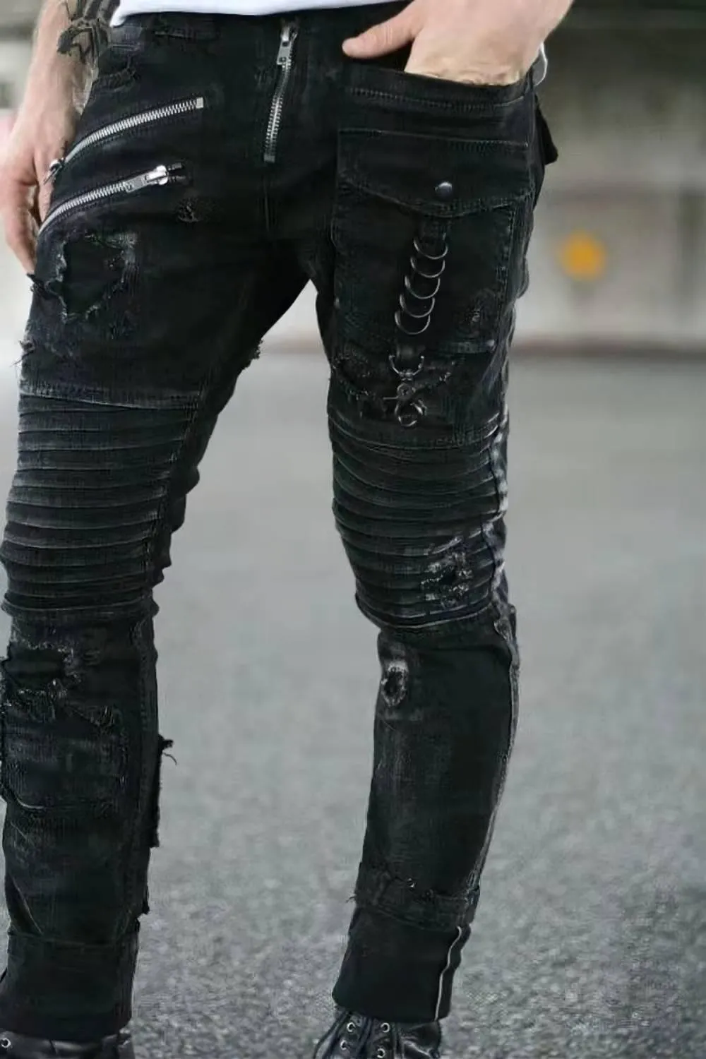 Black Goth Straight Skinny Jeans - Slim Fit Punk Denim Pants