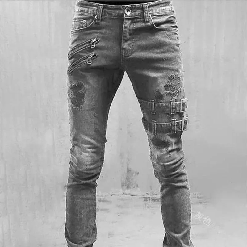 Black Goth Straight Skinny Jeans - Slim Fit Punk Denim Pants