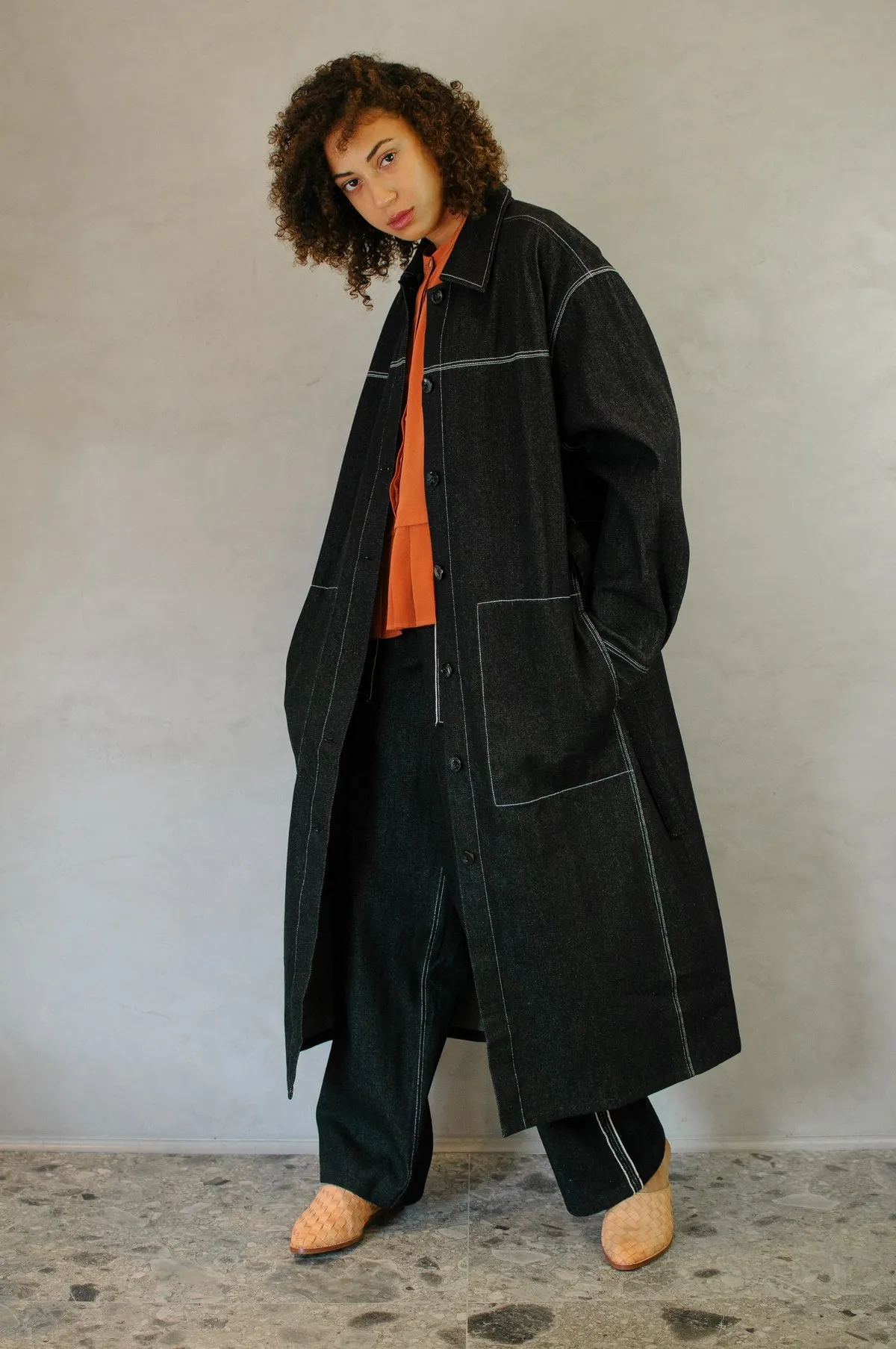 Bodice Denim Belted Coat - Black