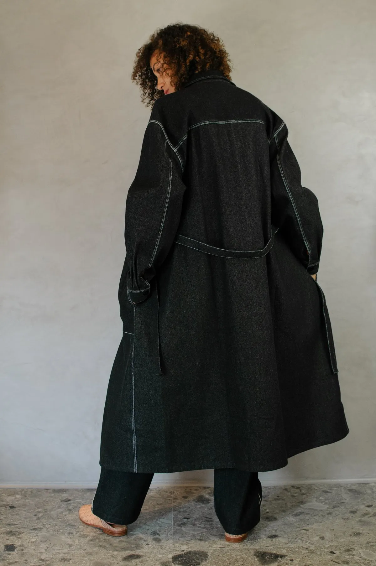 Bodice Denim Belted Coat - Black