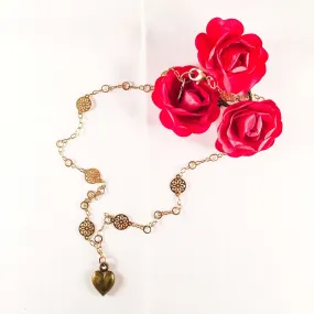 Bronze Heart Charm Necklace with 18kt Gold Plated Flower Chain.