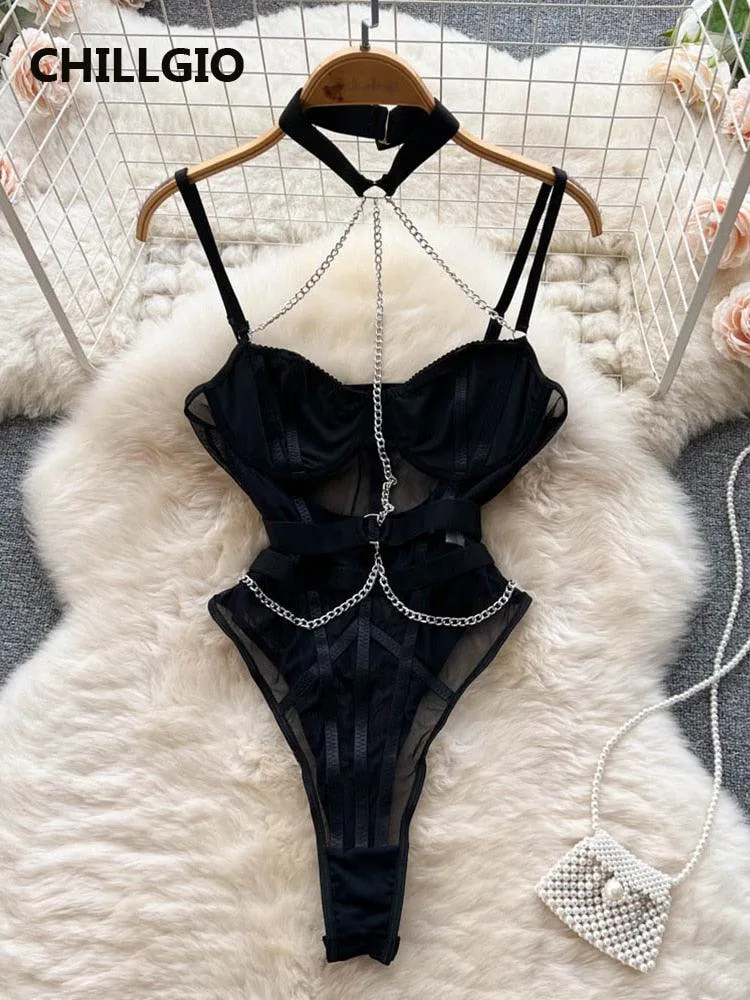 Chain Strappy Bodysuits Fashion Halter Mesh