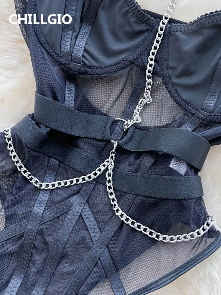 Chain Strappy Bodysuits Fashion Halter Mesh