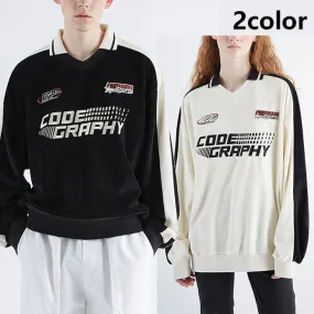 Code graphy  |Unisex Street Style V-Neck Bi-color Long Sleeves Cotton Logo