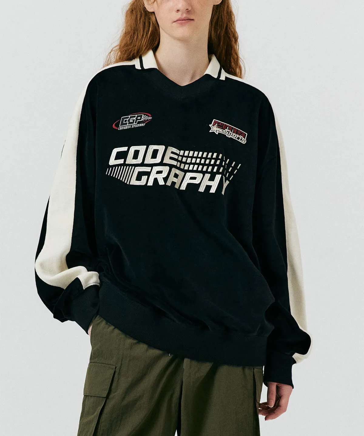 Code graphy  |Unisex Street Style V-Neck Bi-color Long Sleeves Cotton Logo