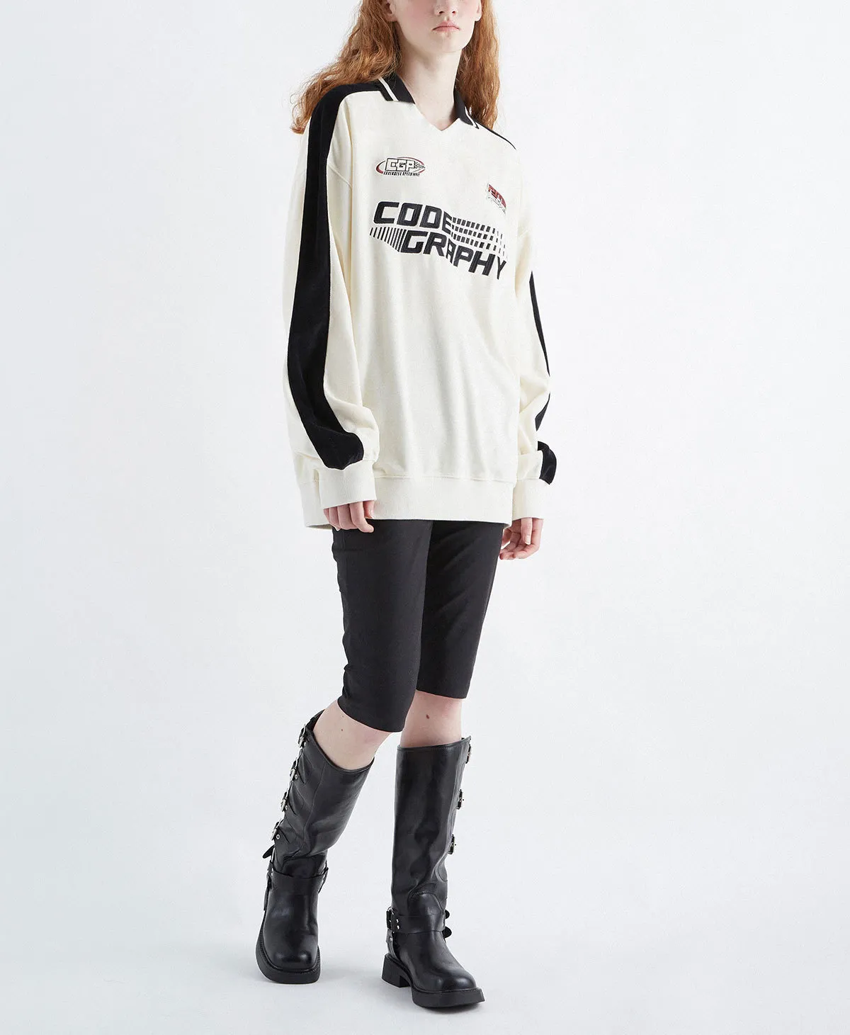 Code graphy  |Unisex Street Style V-Neck Bi-color Long Sleeves Cotton Logo