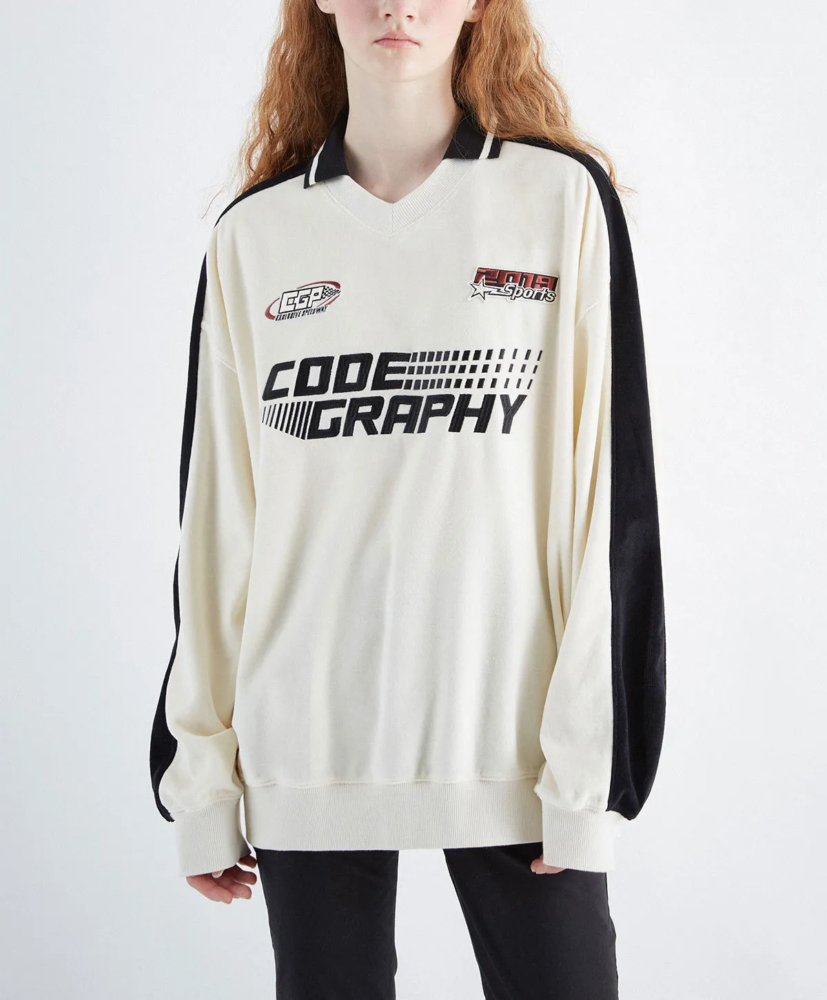 Code graphy  |Unisex Street Style V-Neck Bi-color Long Sleeves Cotton Logo