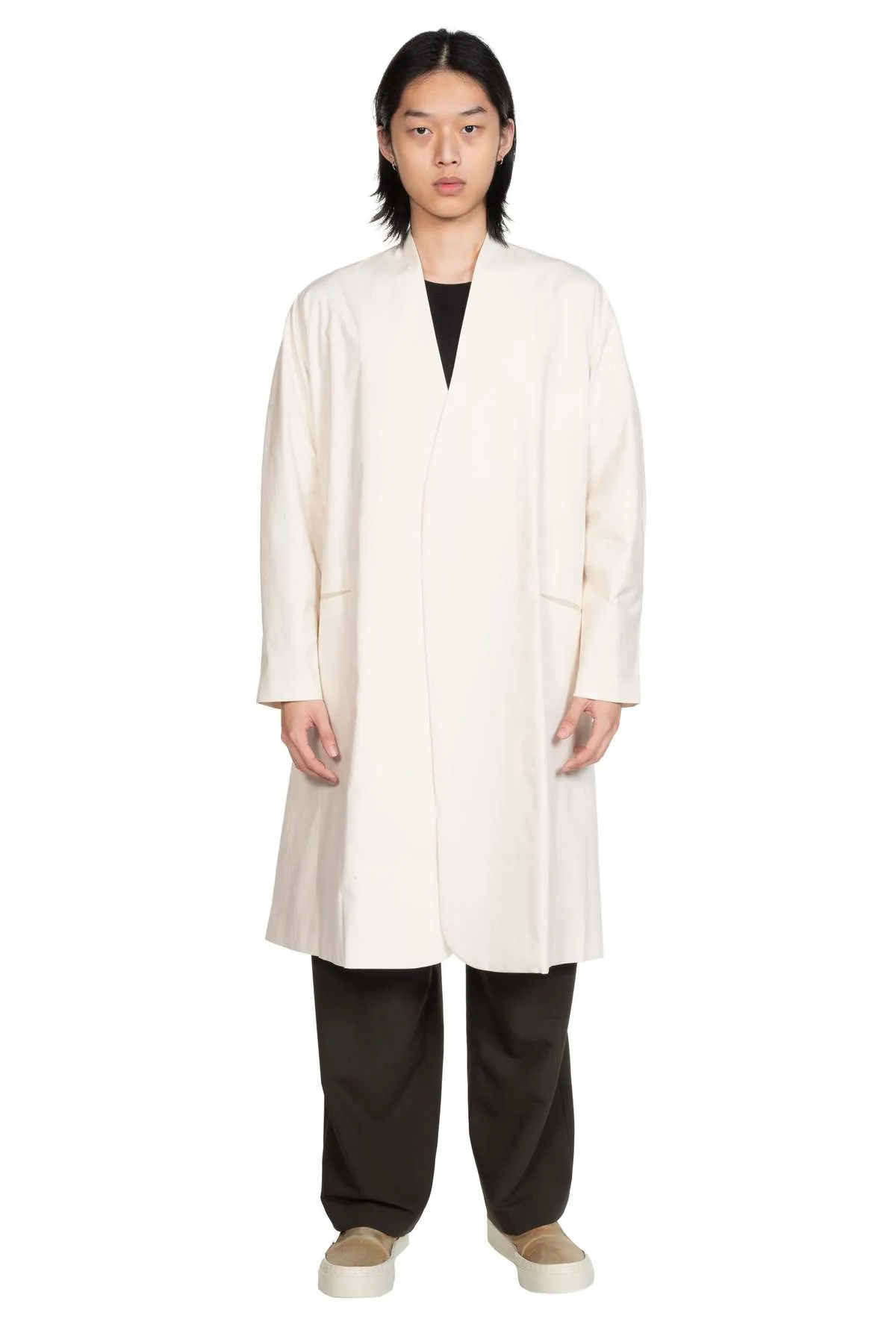 Collarless Long Coat - White 