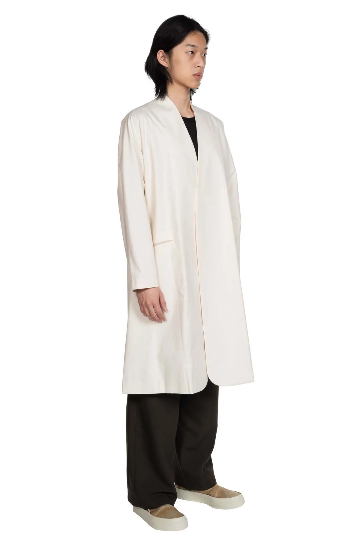 Collarless Long Coat - White 