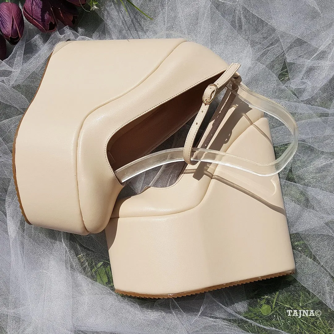 Cream Ankle Strap Wedding High Heel Platform Wedge Shoes