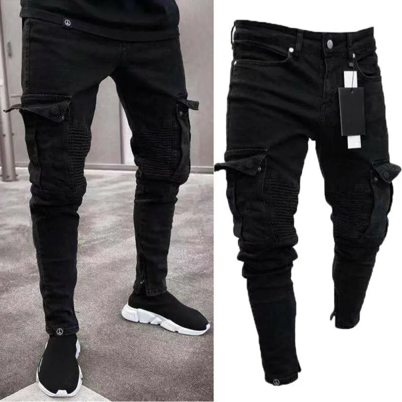 Destroyed Stretchy Biker Skinny Jeans - Ripped Long Denim Trousers