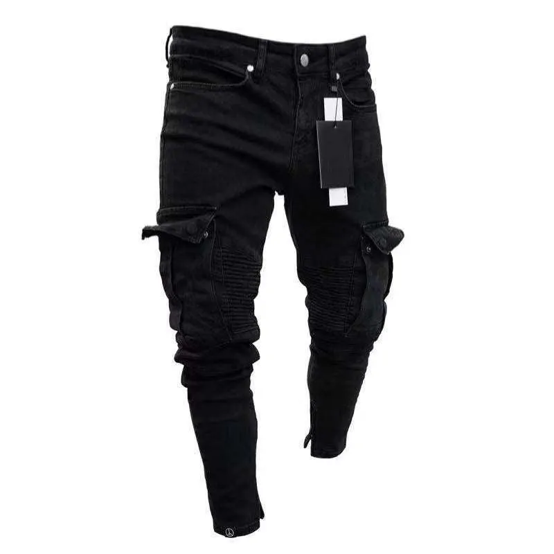 Destroyed Stretchy Biker Skinny Jeans - Ripped Long Denim Trousers