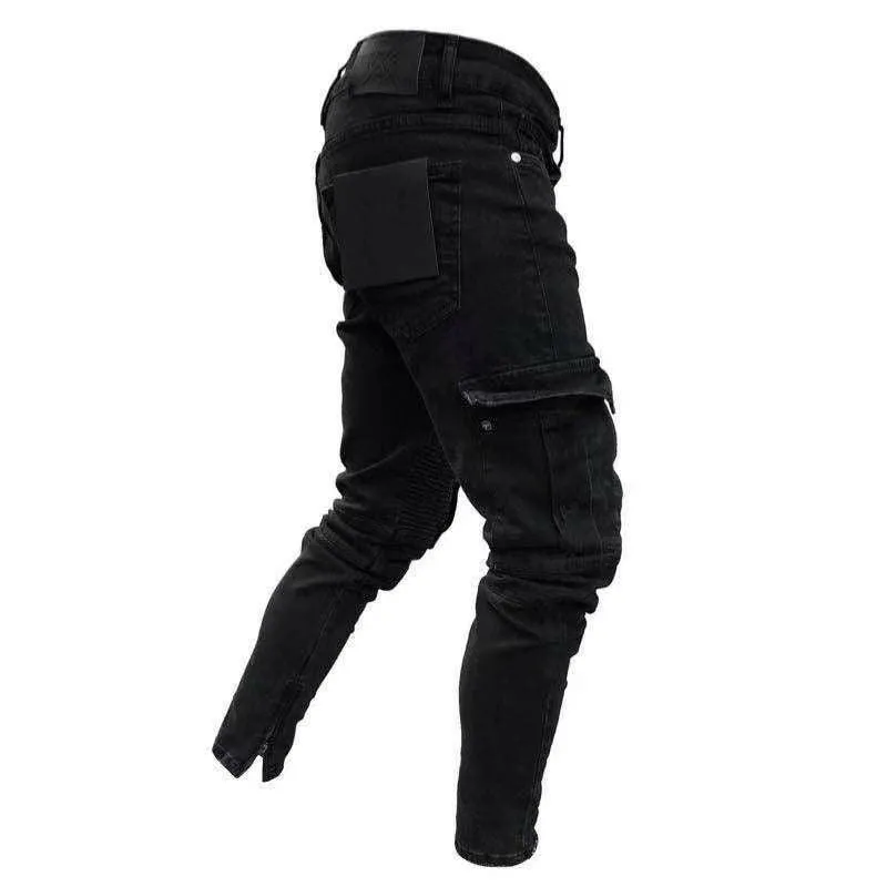 Destroyed Stretchy Biker Skinny Jeans - Ripped Long Denim Trousers