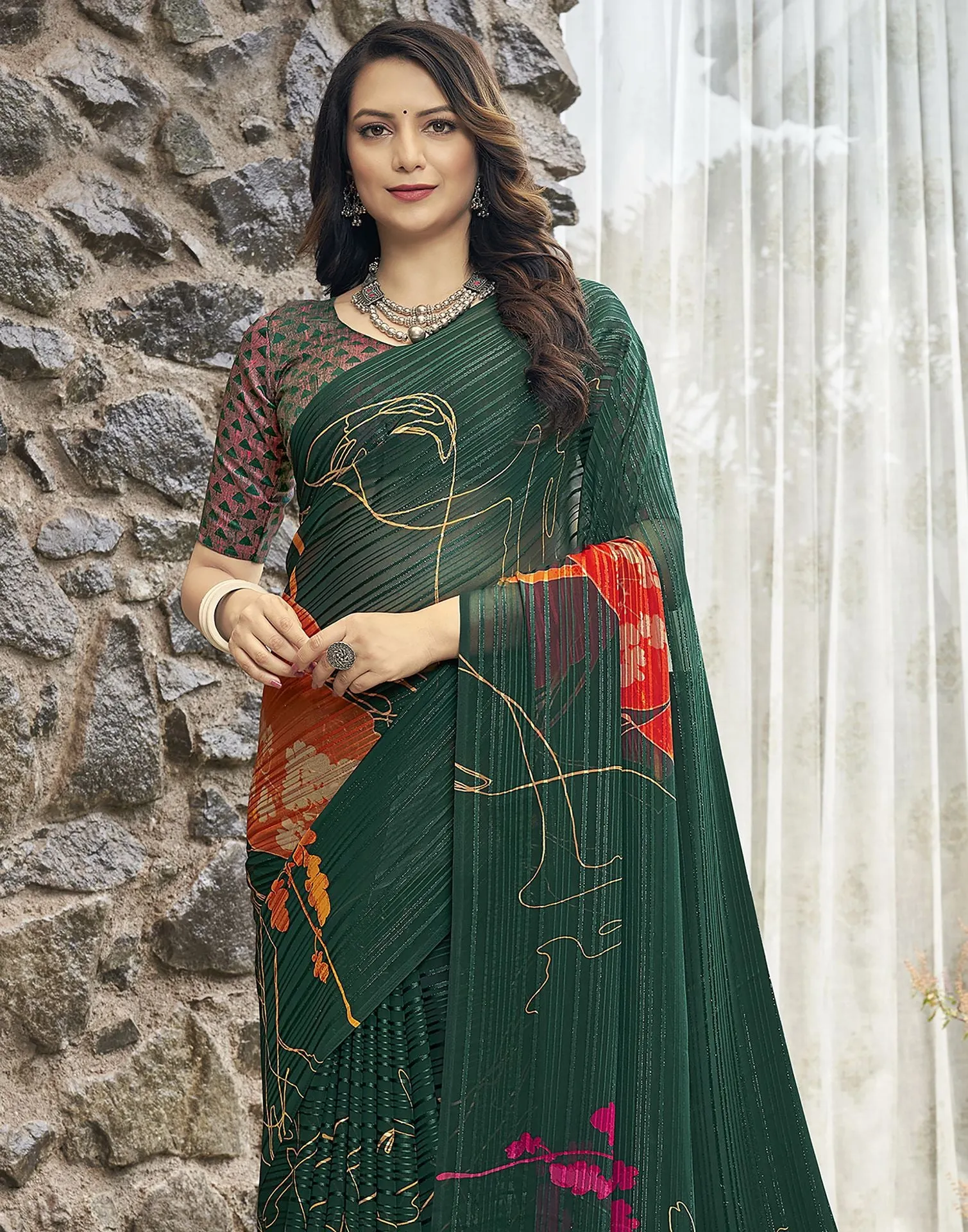 Green Printed Saree