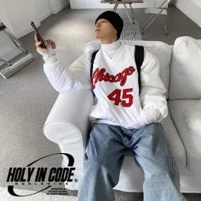 HOLY IN CODE  |Unisex Street Style V-Neck Long Sleeves Oversized Logo