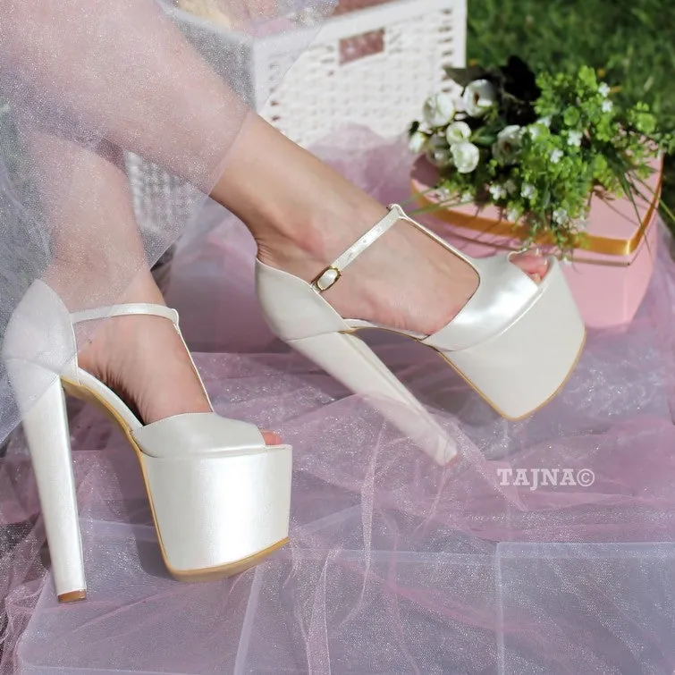 Ivory White Ankle Strap High Heel Platform Bride Shoes