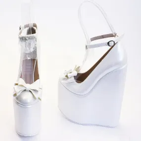 Ivory White Ribbon Wedding High Heel Platform Wedge Shoes