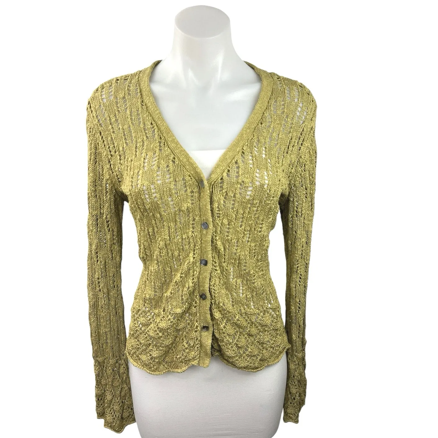 J.jill Gold Open Knit Crochet V-Neck Button Up Long Sleeve Cardigan Sweater Sz M