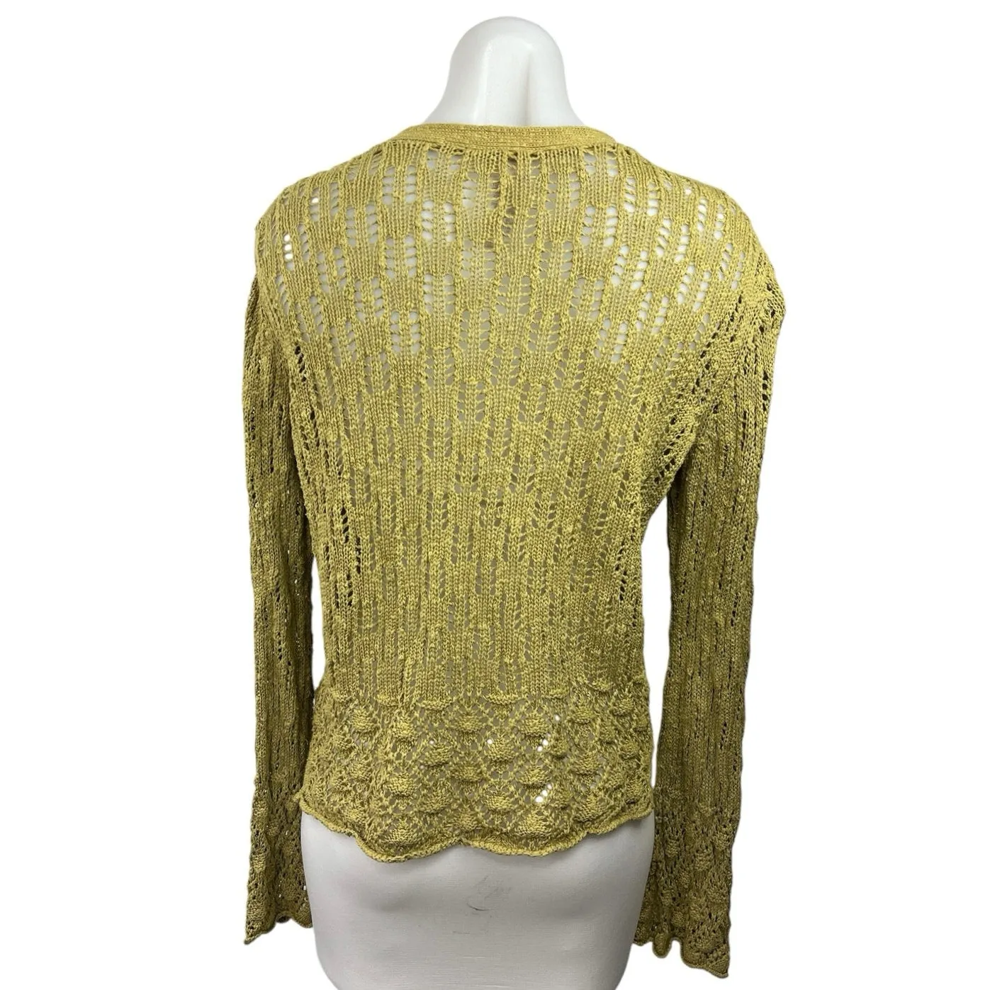 J.jill Gold Open Knit Crochet V-Neck Button Up Long Sleeve Cardigan Sweater Sz M