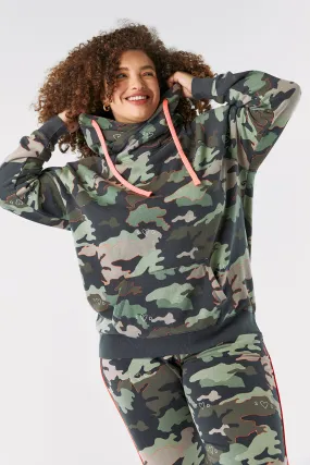 Khaki Camo Print Cowl Neck Hoodie