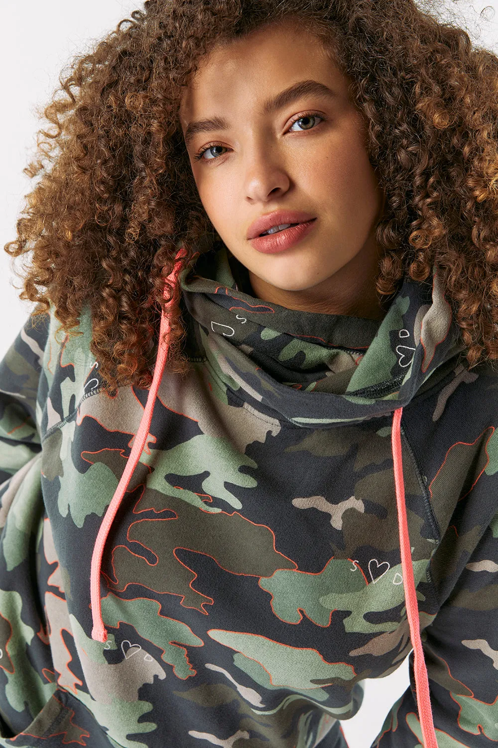 Khaki Camo Print Cowl Neck Hoodie