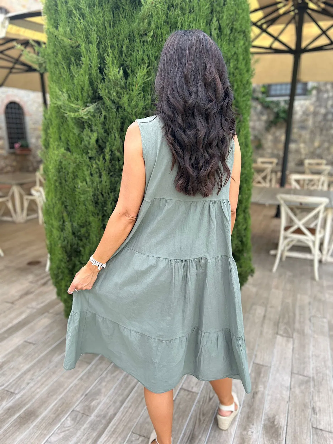 Khaki Sleeveless Broderie Tiered Dress Alison