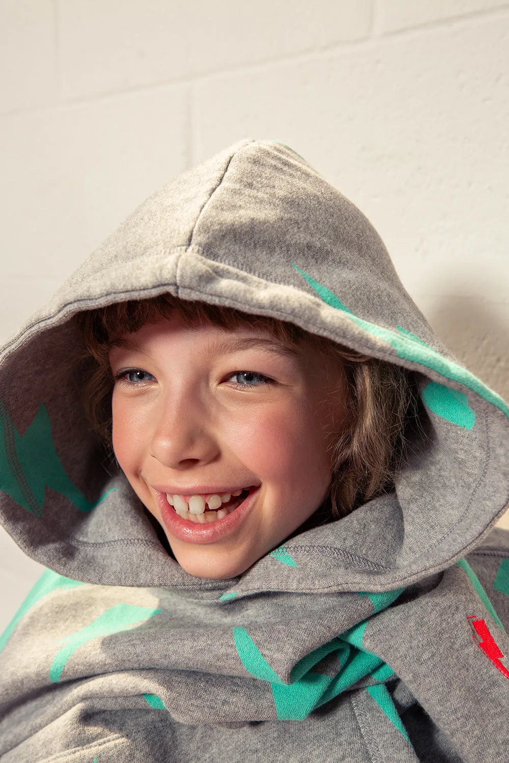 Kids Grey Marl with Turquoise Mega Lightning Bolt Hoodie