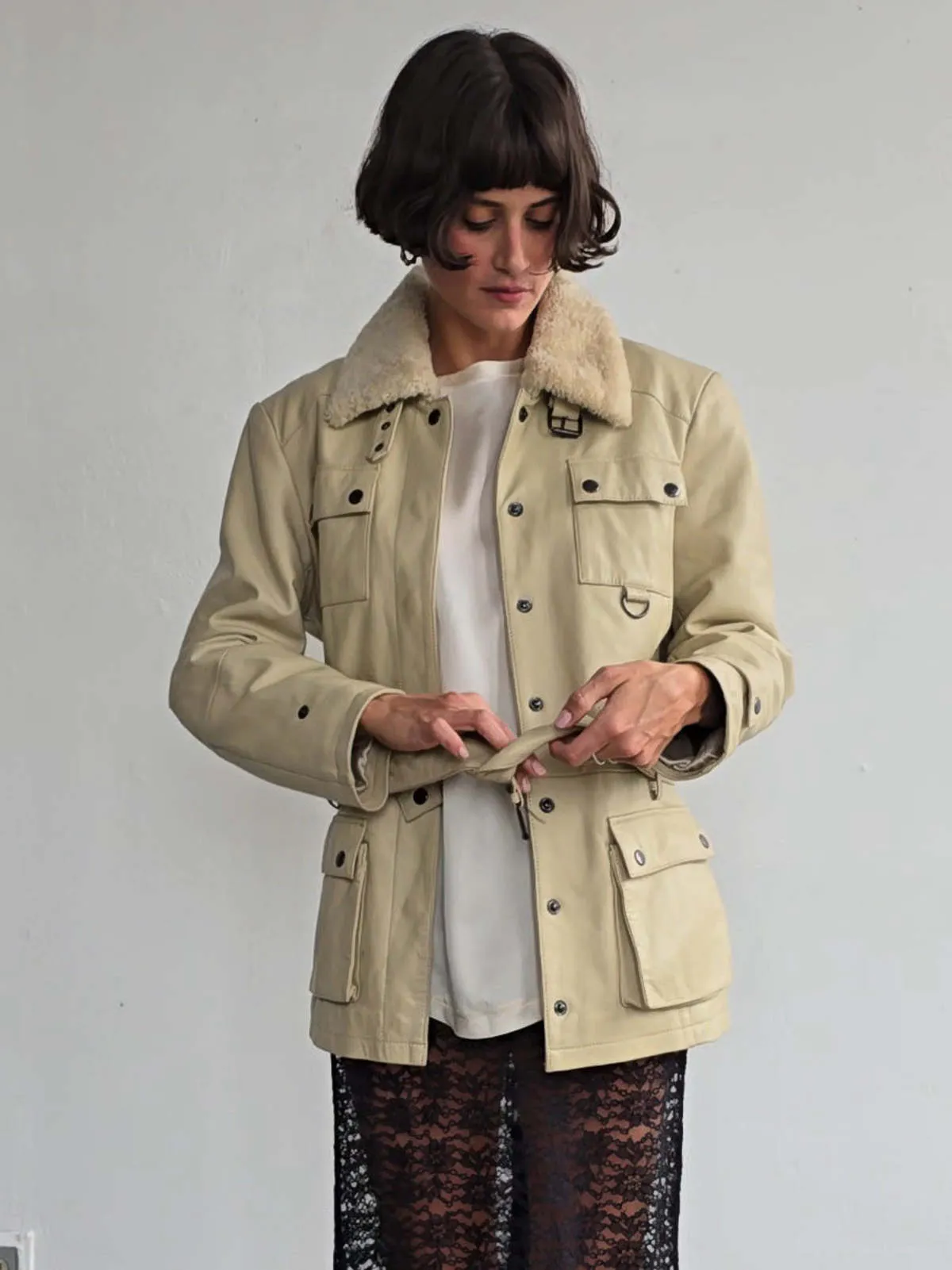 Leather Utility Coat - Eggshell