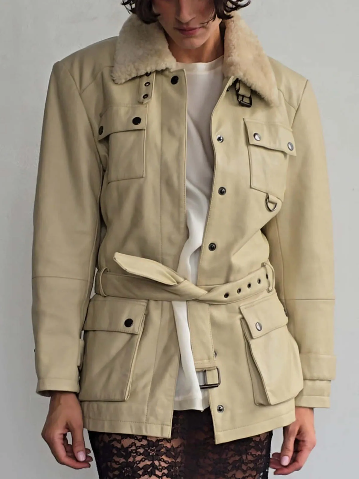 Leather Utility Coat - Eggshell