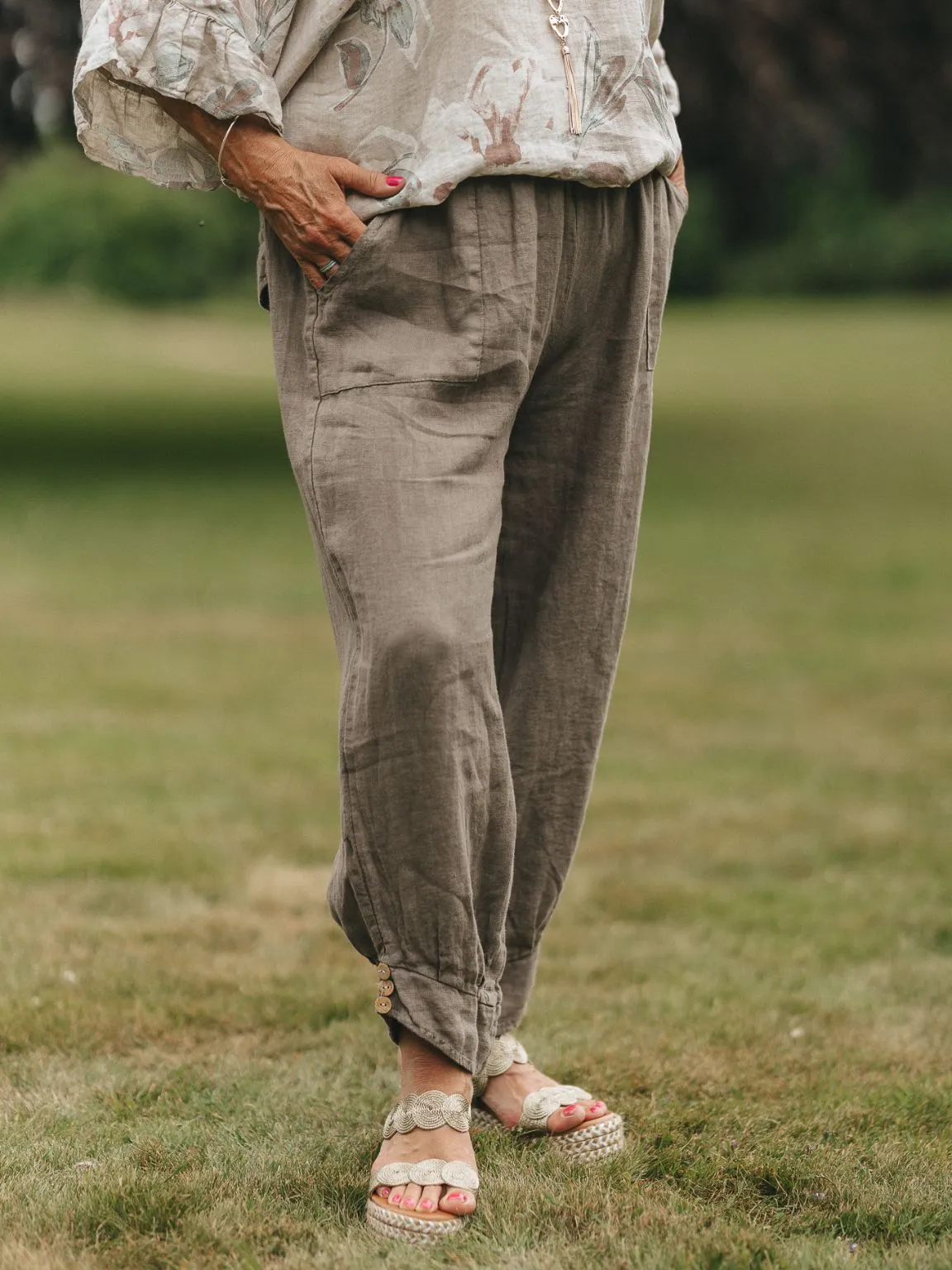 Linen Button Bottom Trousers