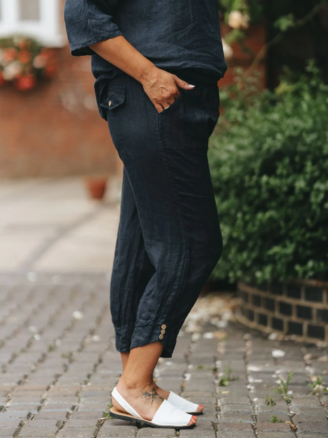 Linen Button Bottom Trousers