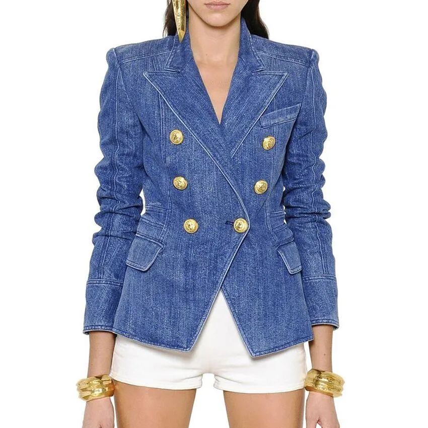 Lion Buttons Double Breasted Denim Blazer For Women