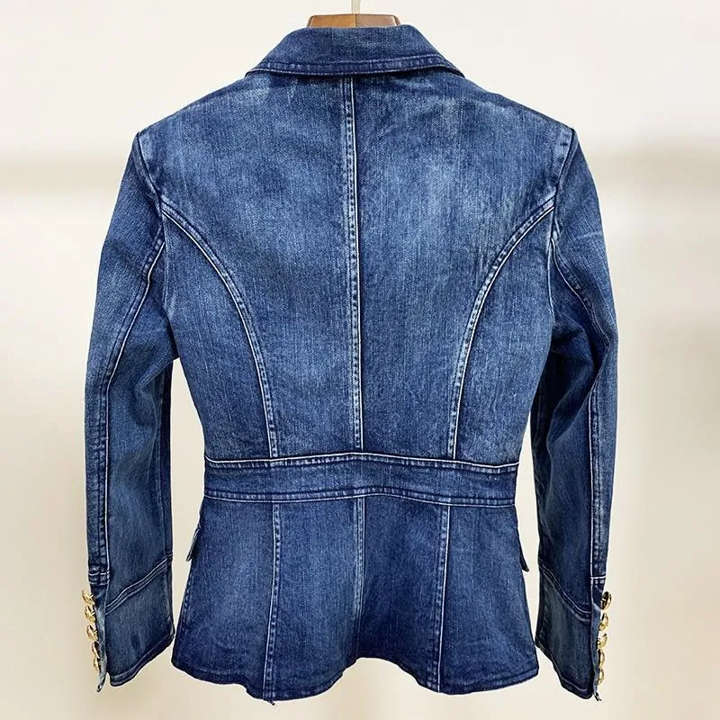 Lion Buttons Double Breasted Denim Blazer For Women