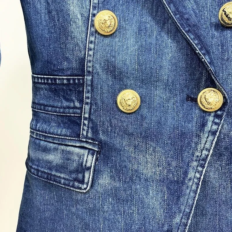 Lion Buttons Double Breasted Denim Blazer For Women