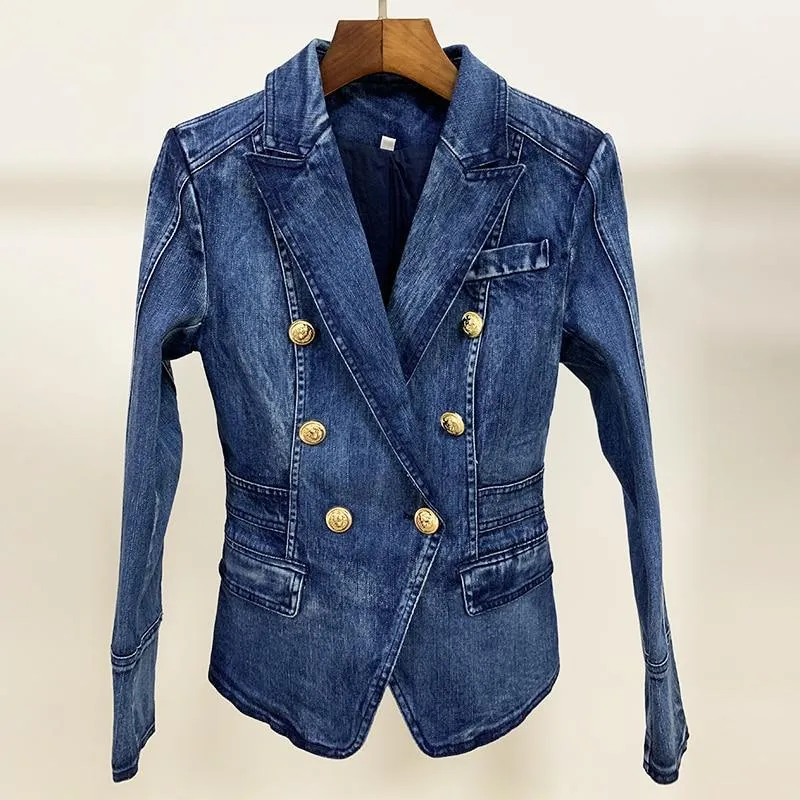 Lion Buttons Double Breasted Denim Blazer For Women