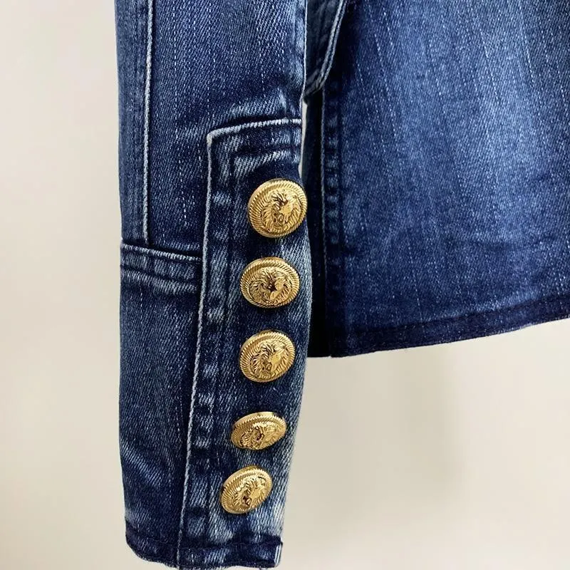 Lion Buttons Double Breasted Denim Blazer For Women