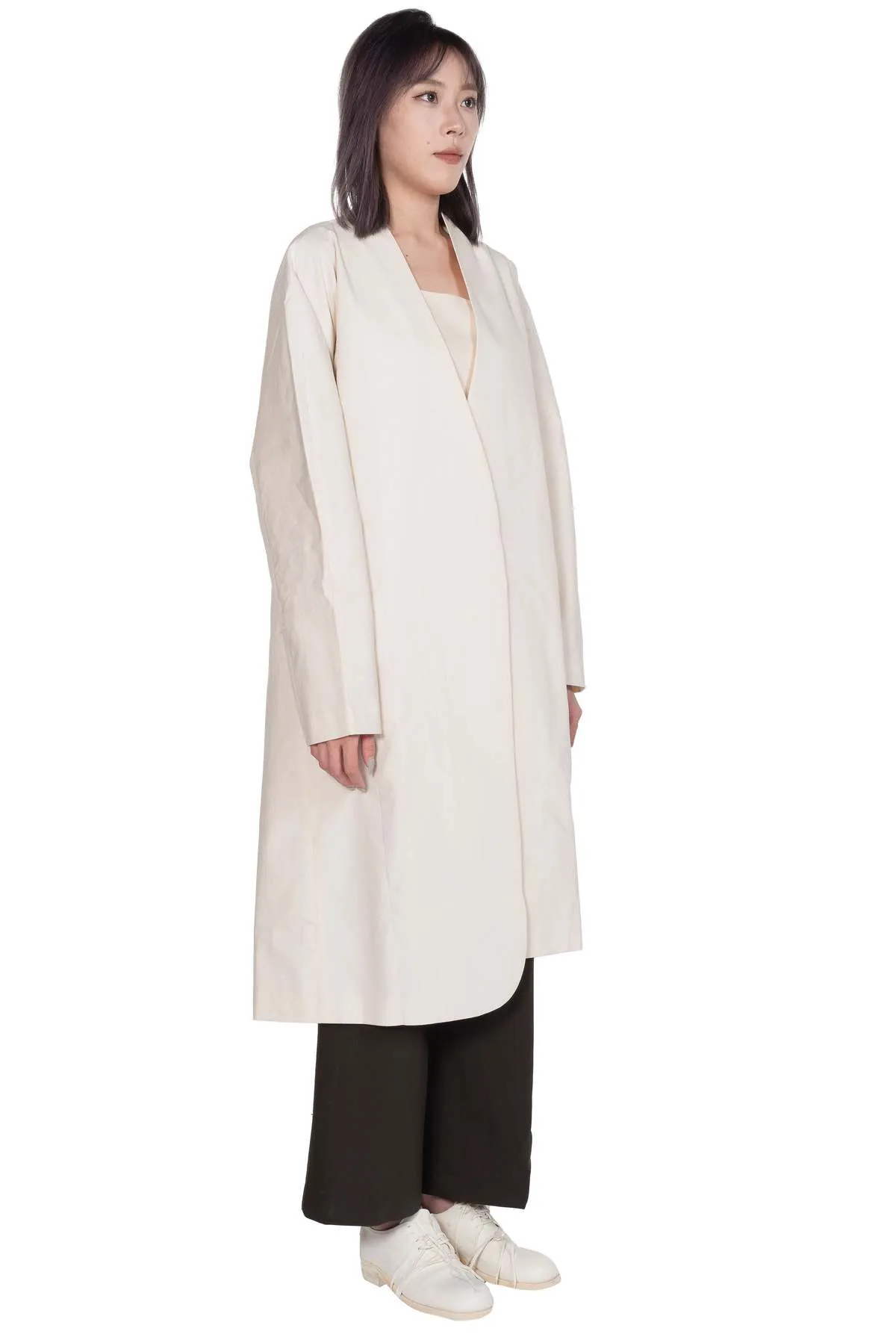 Long Collarless Coat - White 