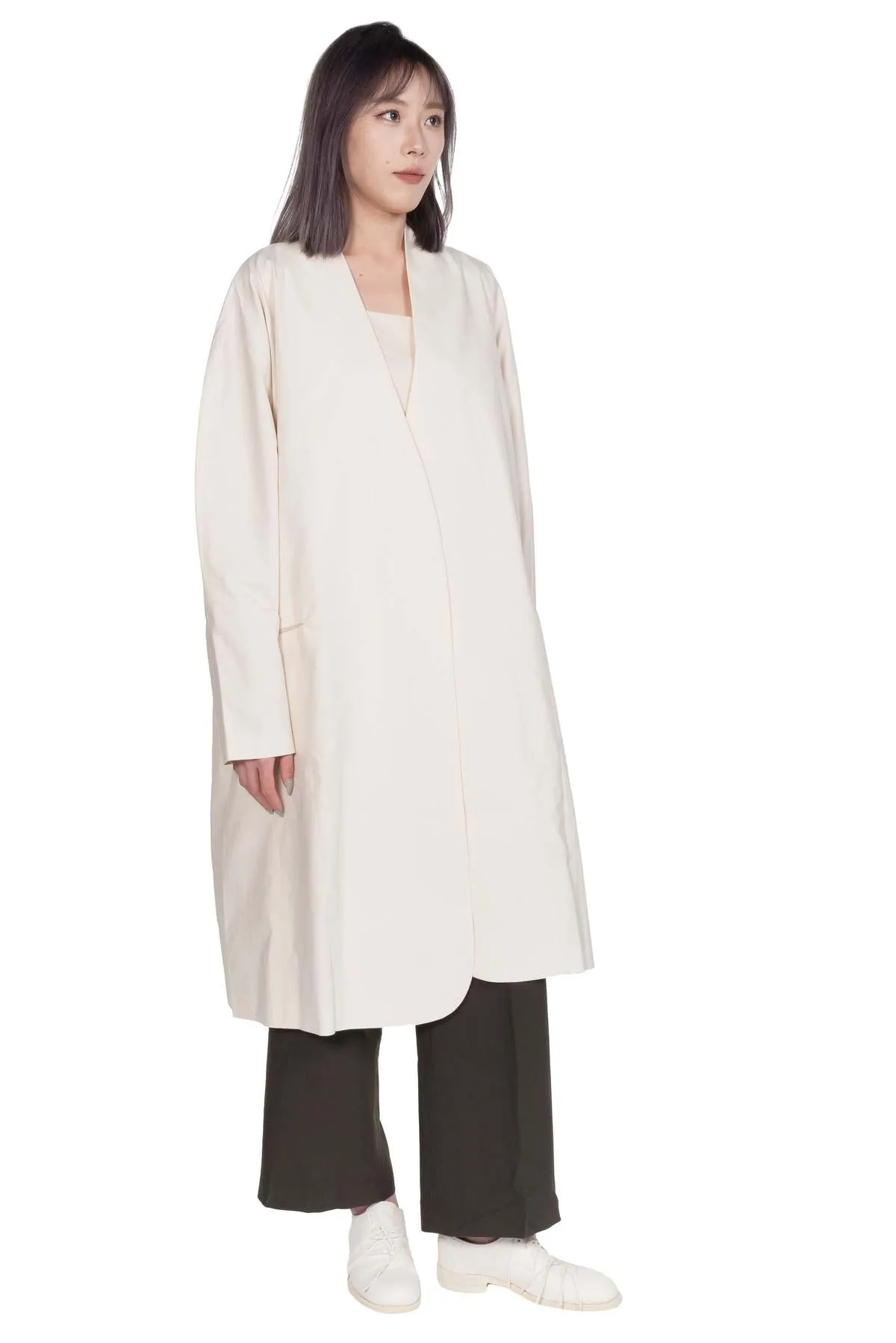 Long Collarless Coat - White 