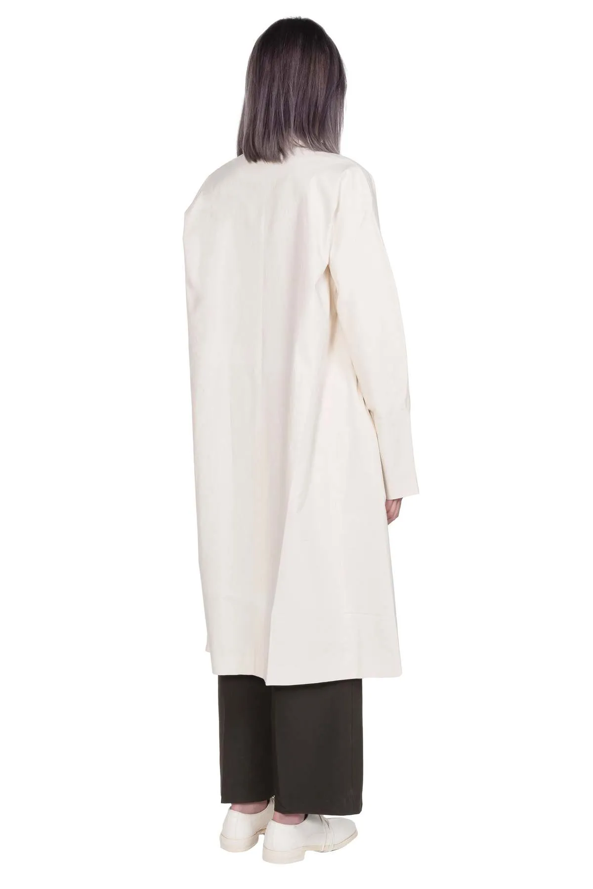 Long Collarless Coat - White 