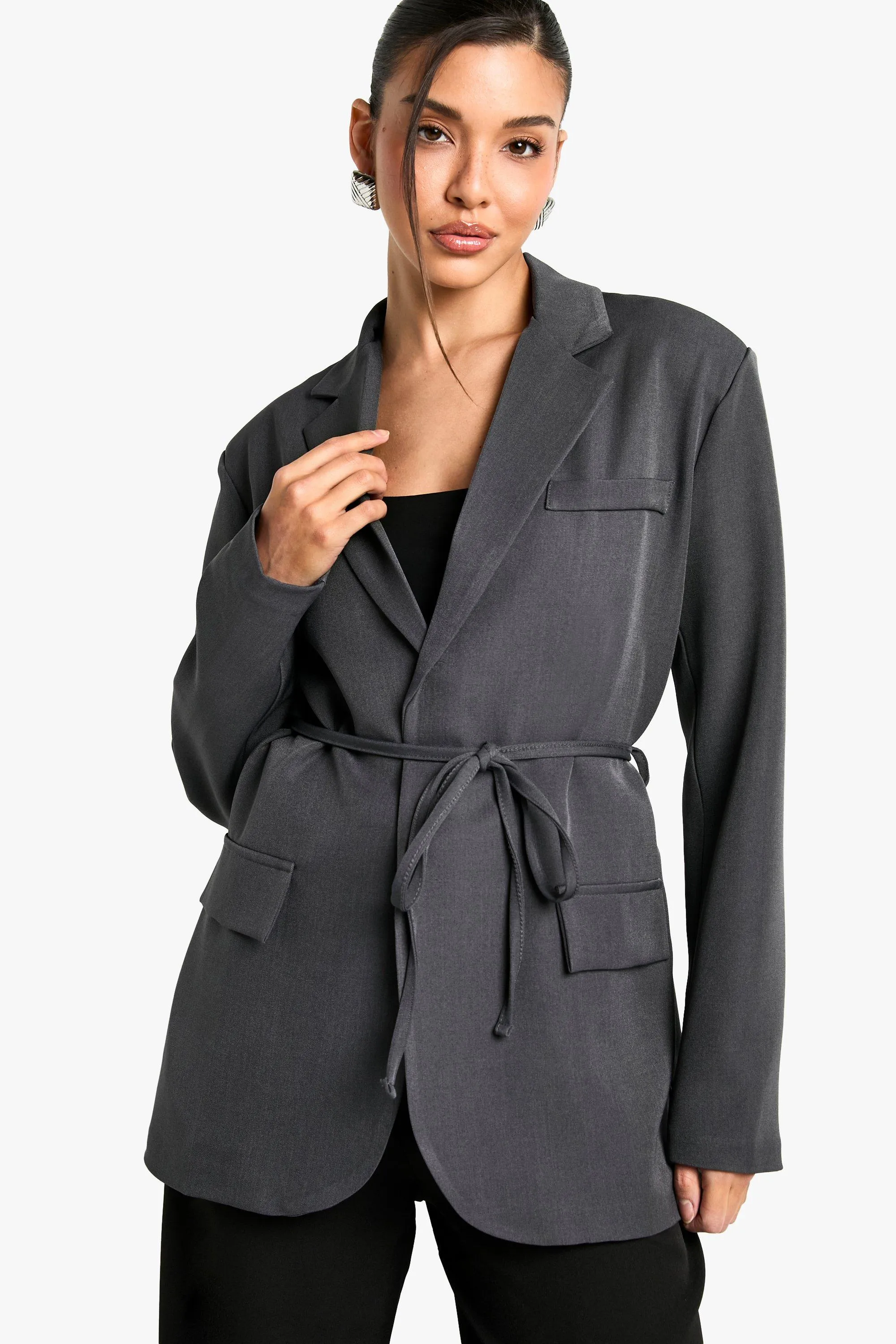 Marl Shoulder Pad Belted Blazer