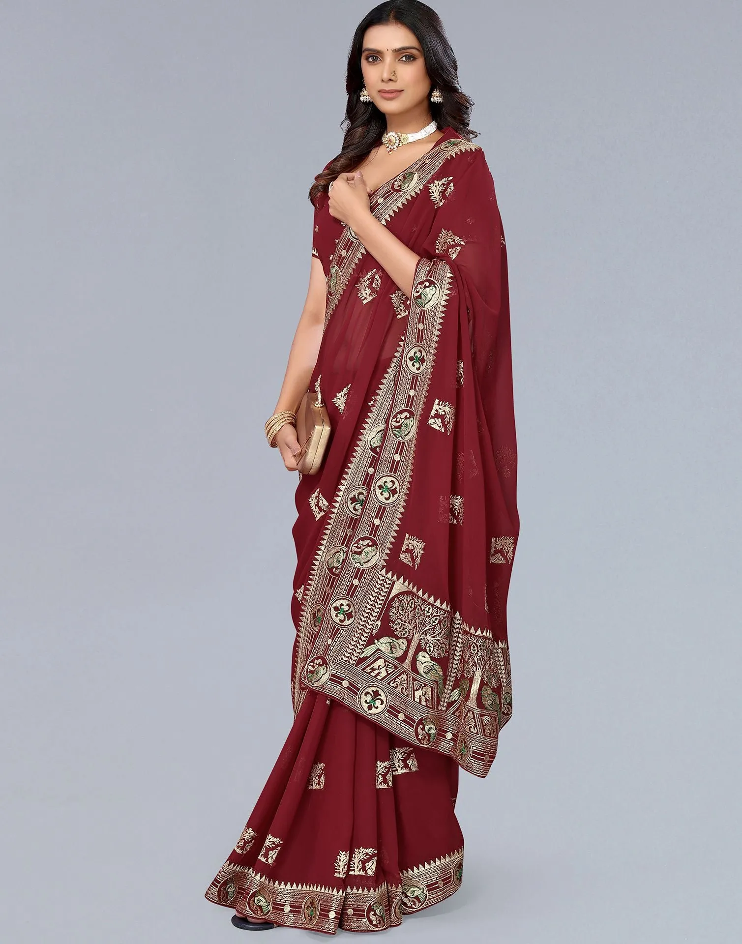 Maroon Embroidery Saree